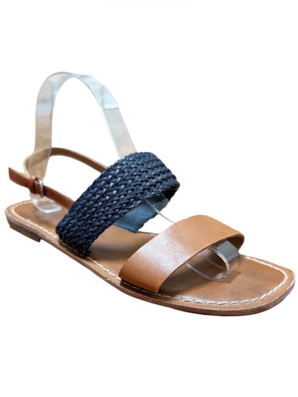 GAP tan leather marine blue strappy two band woven sandals size 8.5